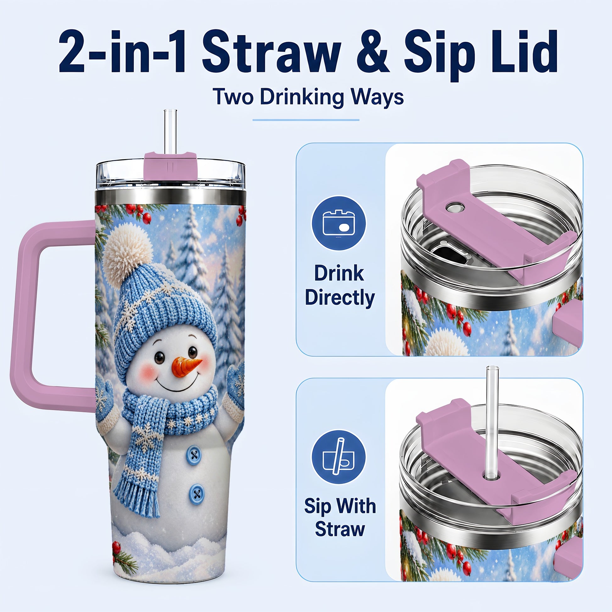 #pl[40oz|Pink] Blue Snowman Tumbler 40oz, Christmas Tumbler, Stainless Steel Travel Cup