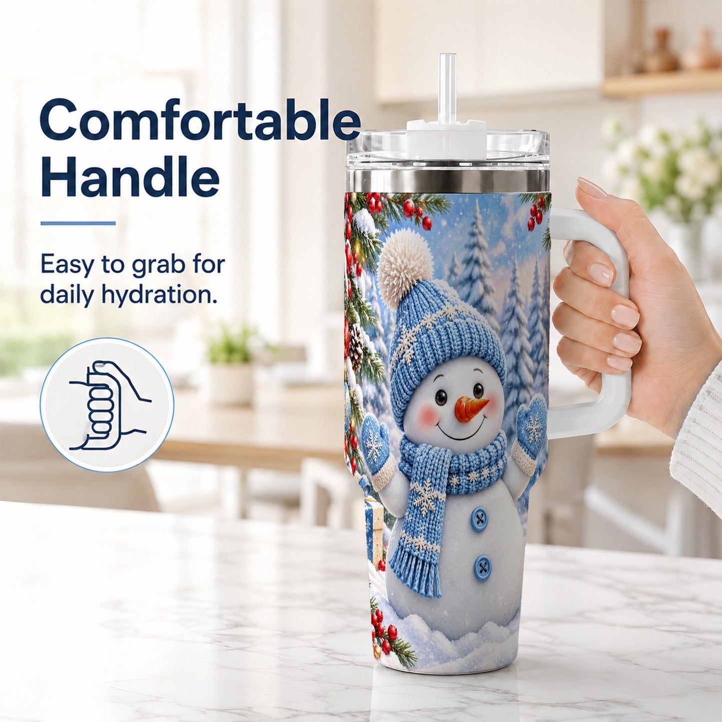 #pl[40oz|White] Blue Snowman Tumbler 40oz, Christmas Tumbler, Stainless Steel Travel Cup