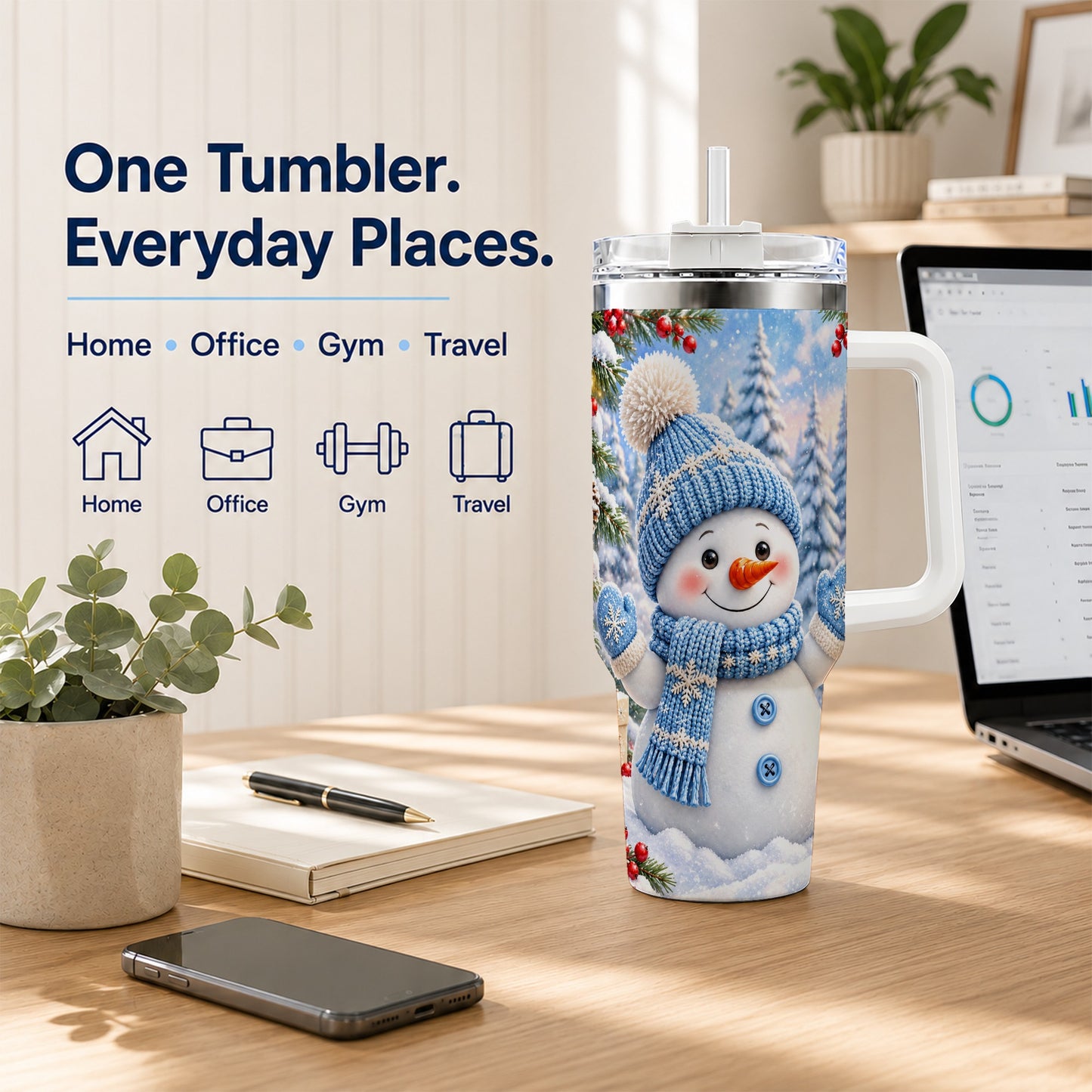 #pl[40oz|White] Blue Snowman Tumbler 40oz, Christmas Tumbler, Stainless Steel Travel Cup