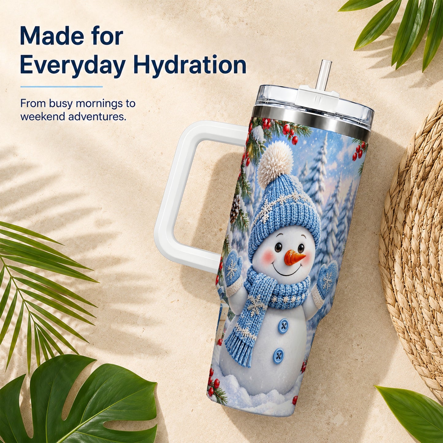#pl[40oz|White] Blue Snowman Tumbler 40oz, Christmas Tumbler, Stainless Steel Travel Cup