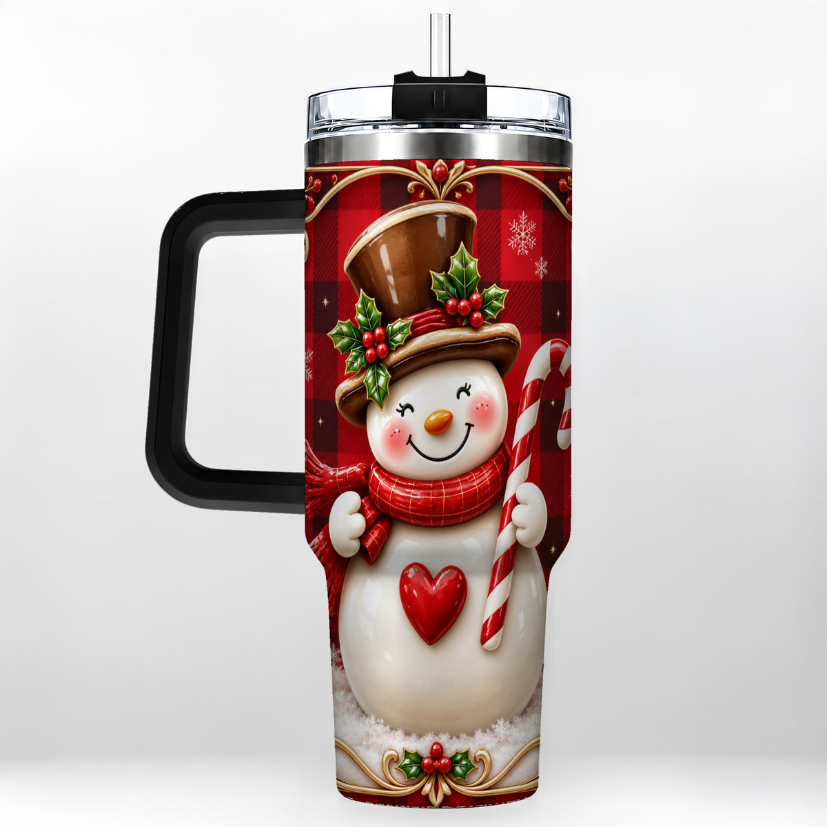 #pl[40oz|Black] Plaid Snowman Tumbler 40oz, Christmas Tumbler, Stainless Steel Travel Cup