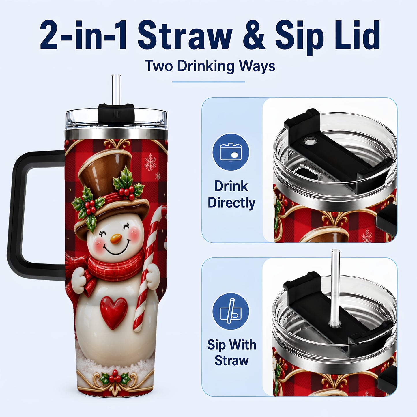 #pl[40oz|Black] Plaid Snowman Tumbler 40oz, Christmas Tumbler, Stainless Steel Travel Cup
