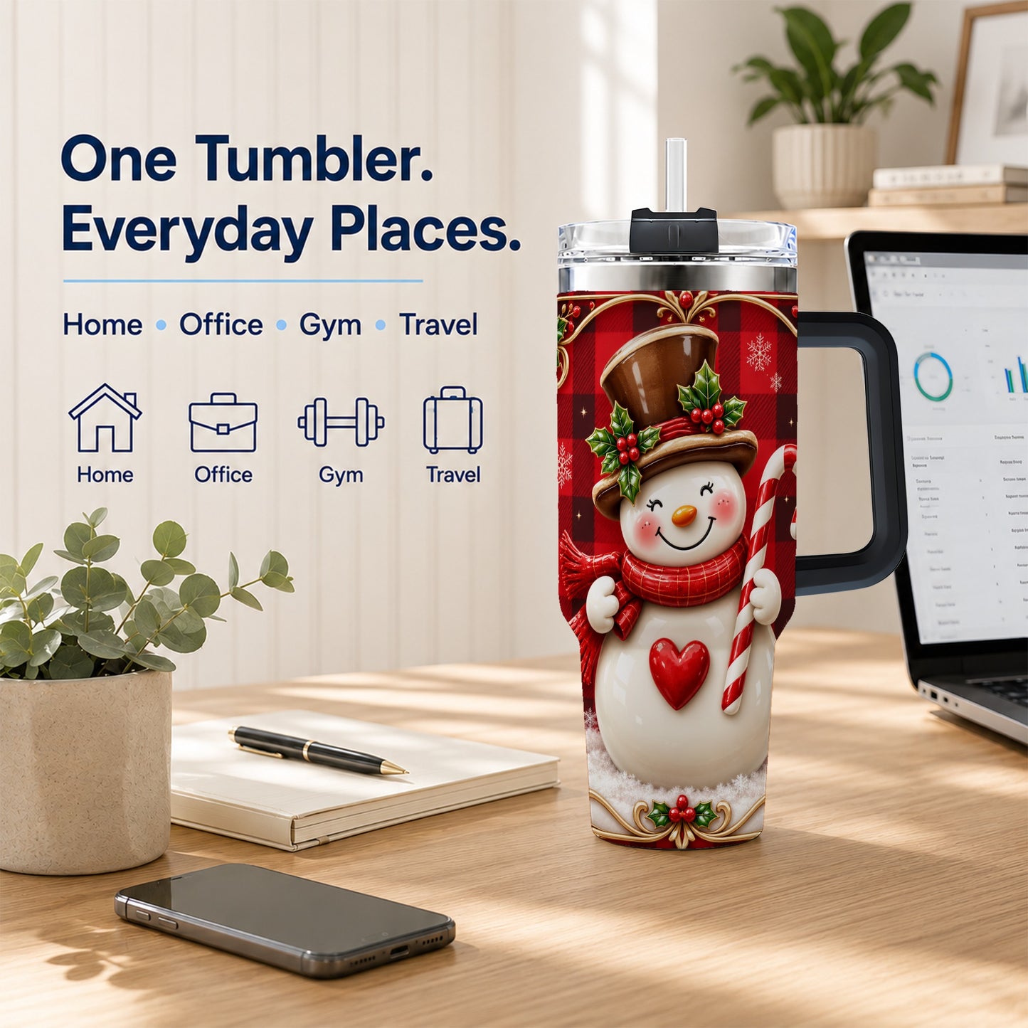 #pl[40oz|Black] Plaid Snowman Tumbler 40oz, Christmas Tumbler, Stainless Steel Travel Cup