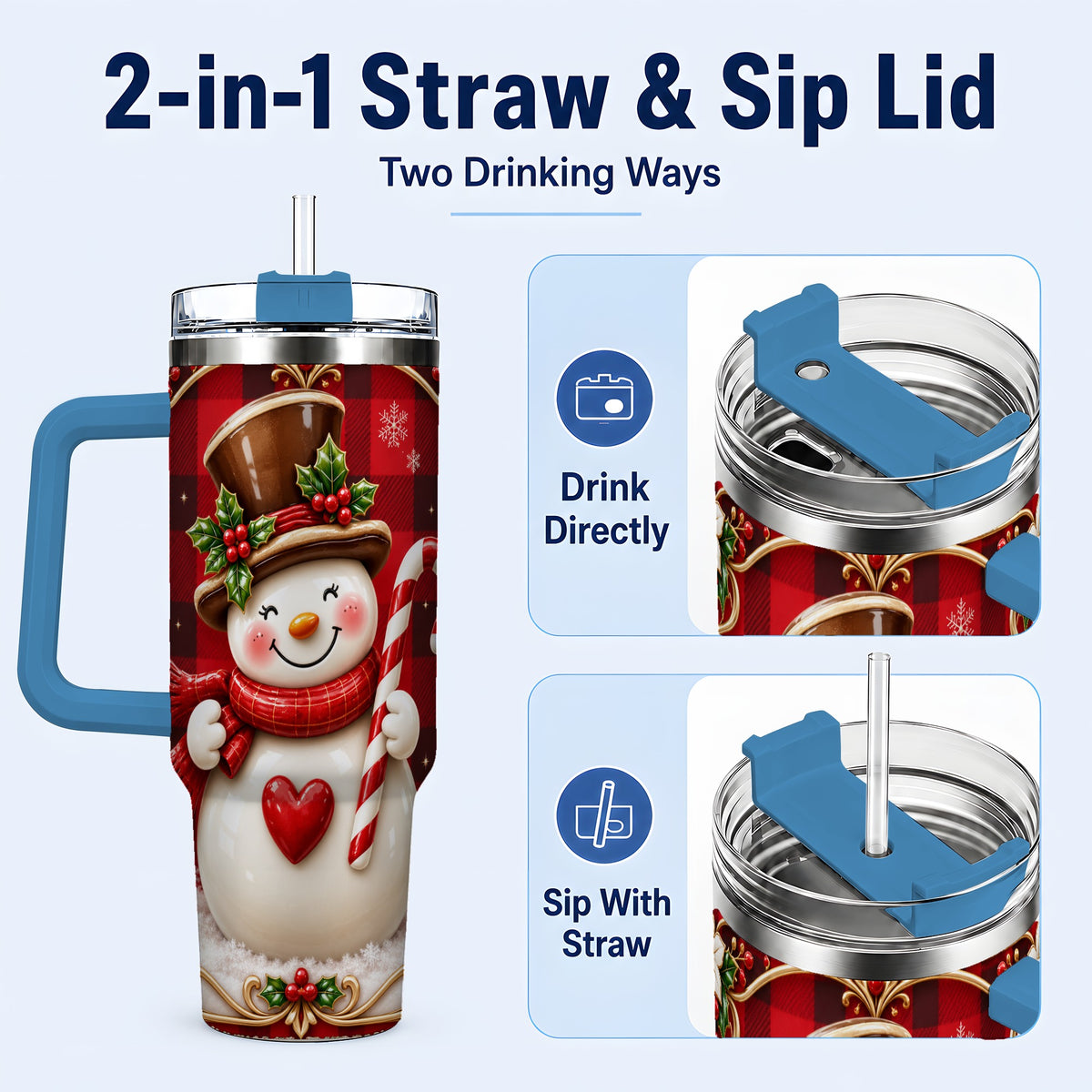 #pl[40oz|Blue] Plaid Snowman Tumbler 40oz, Christmas Tumbler, Stainless Steel Travel Cup