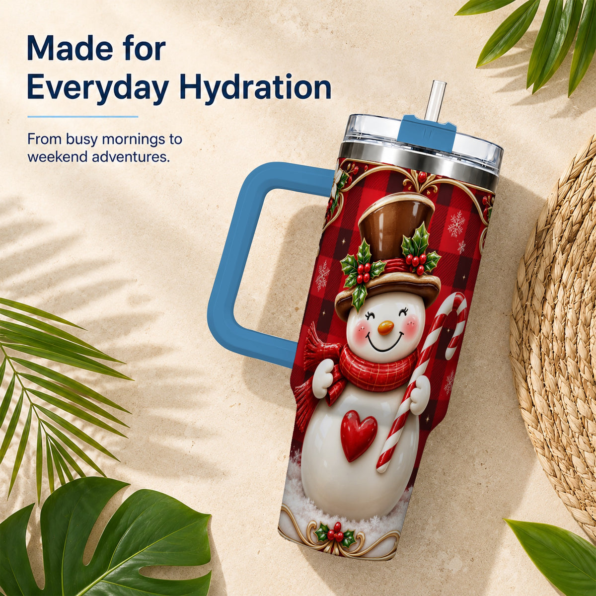 #pl[40oz|Blue] Plaid Snowman Tumbler 40oz, Christmas Tumbler, Stainless Steel Travel Cup