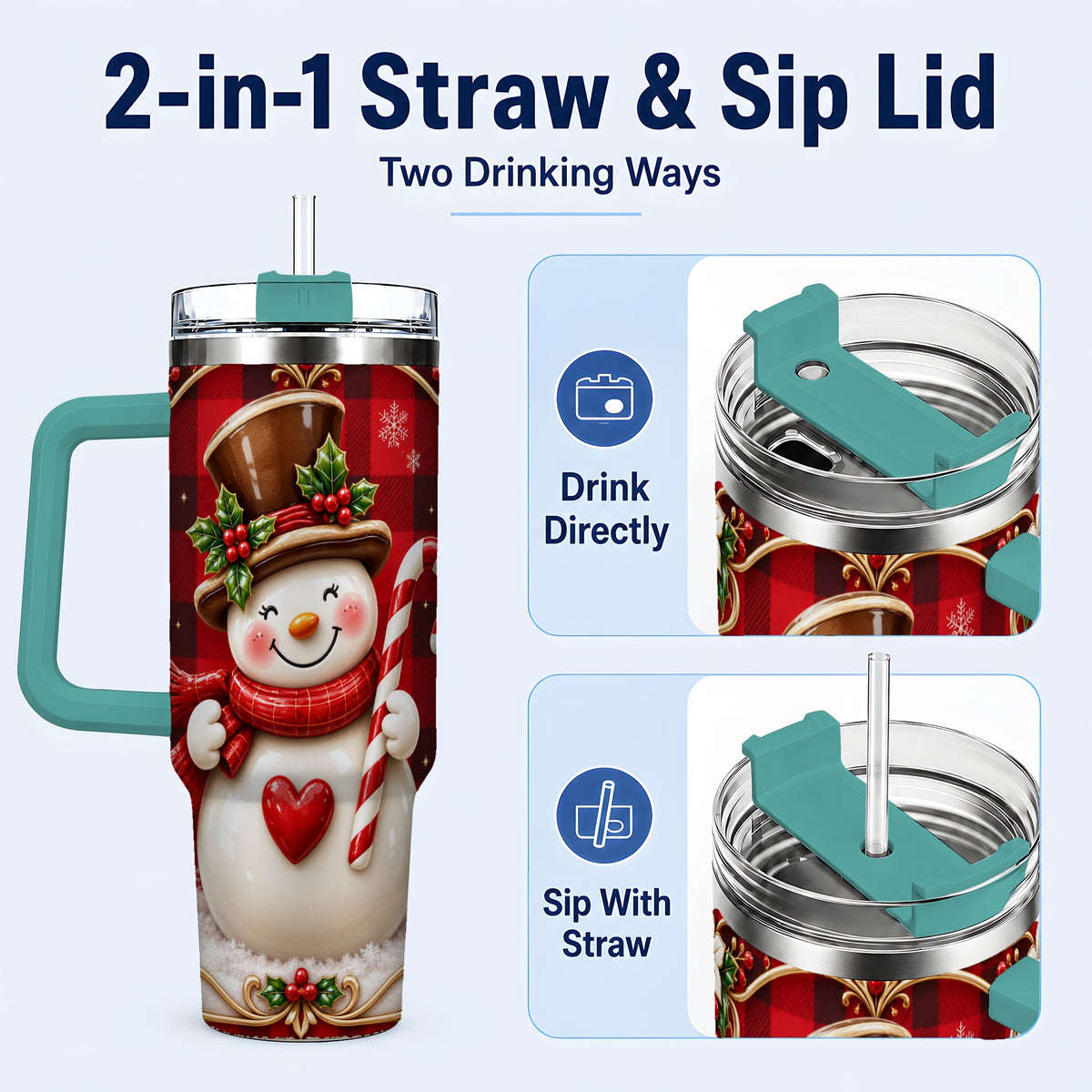 #pl[40oz|Green] Plaid Snowman Tumbler 40oz, Christmas Tumbler, Stainless Steel Travel Cup