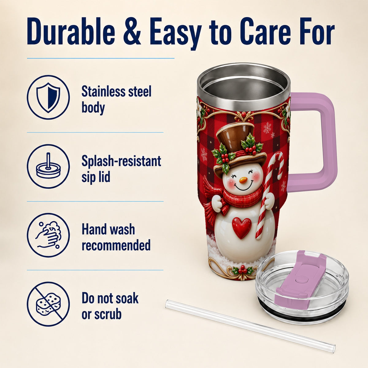 #pl[40oz|Pink] Plaid Snowman Tumbler 40oz, Christmas Tumbler, Stainless Steel Travel Cup