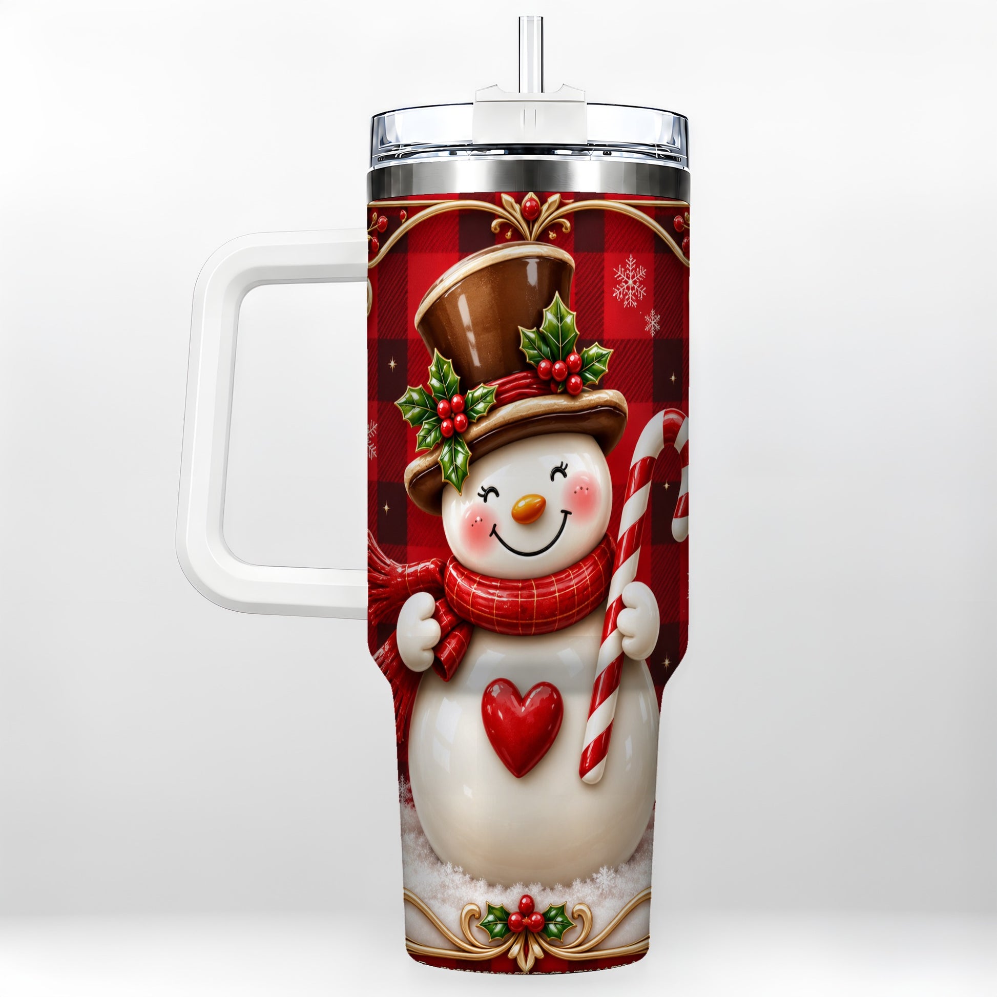 Plaid Snowman Tumbler 40oz, Christmas Tumbler, Stainless Steel Travel Cup
