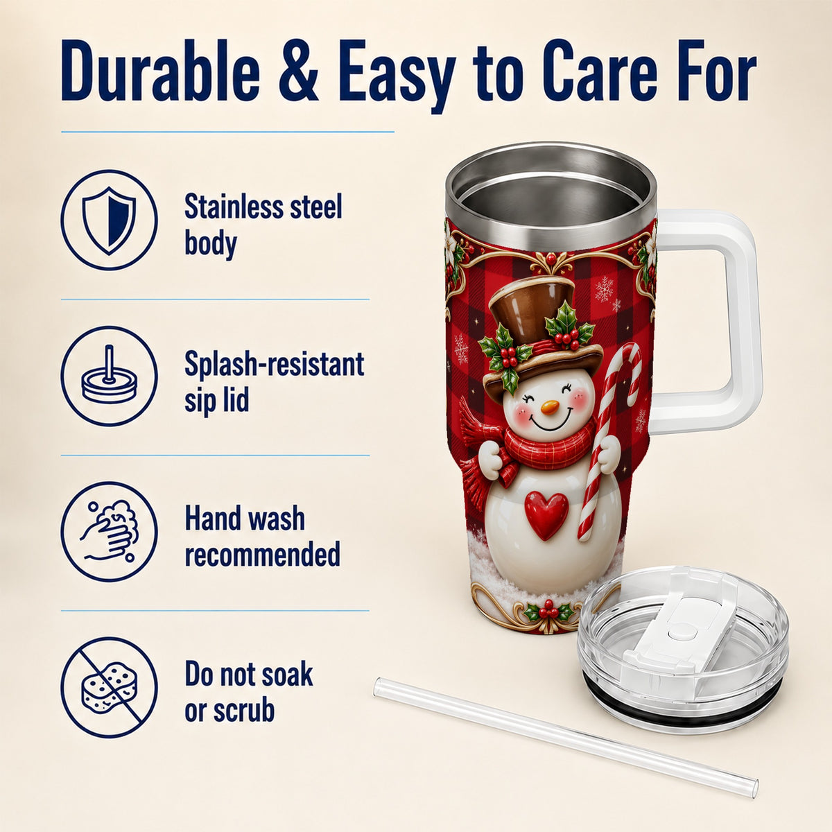 #pl[40oz|White] Plaid Snowman Tumbler 40oz, Christmas Tumbler, Stainless Steel Travel Cup
