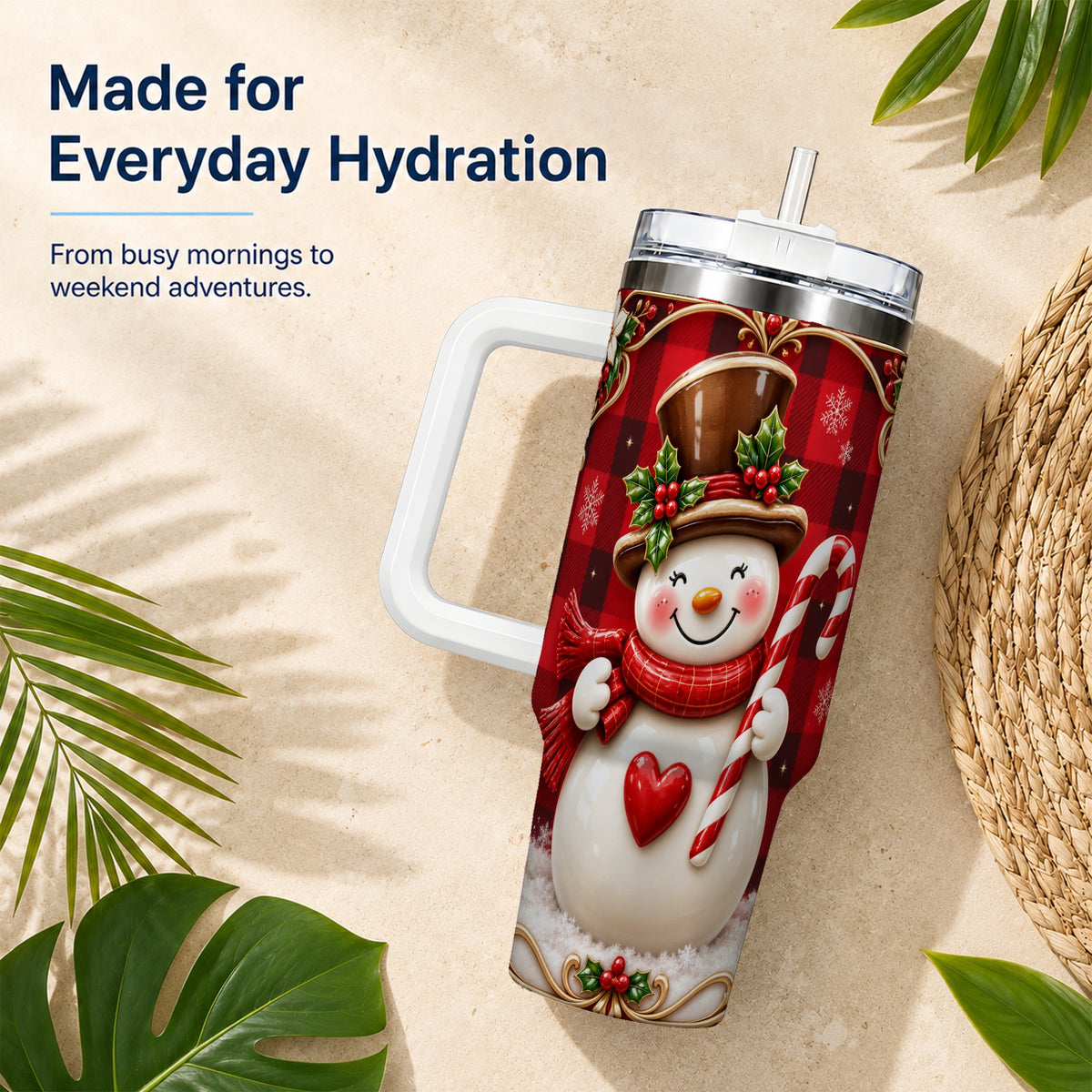 #pl[40oz|White] Plaid Snowman Tumbler 40oz, Christmas Tumbler, Stainless Steel Travel Cup