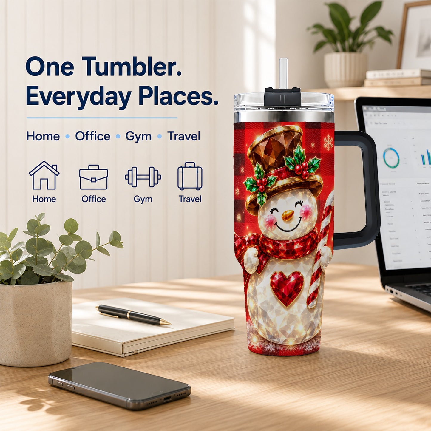 #pl[40oz|Black] Gem Snowman Tumbler 40oz, Christmas Tumbler, Stainless Steel Travel Cup