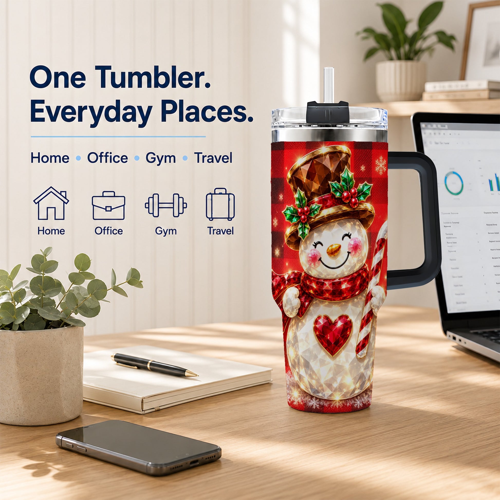 #pl[40oz|Black] Gem Snowman Tumbler 40oz, Christmas Tumbler, Stainless Steel Travel Cup