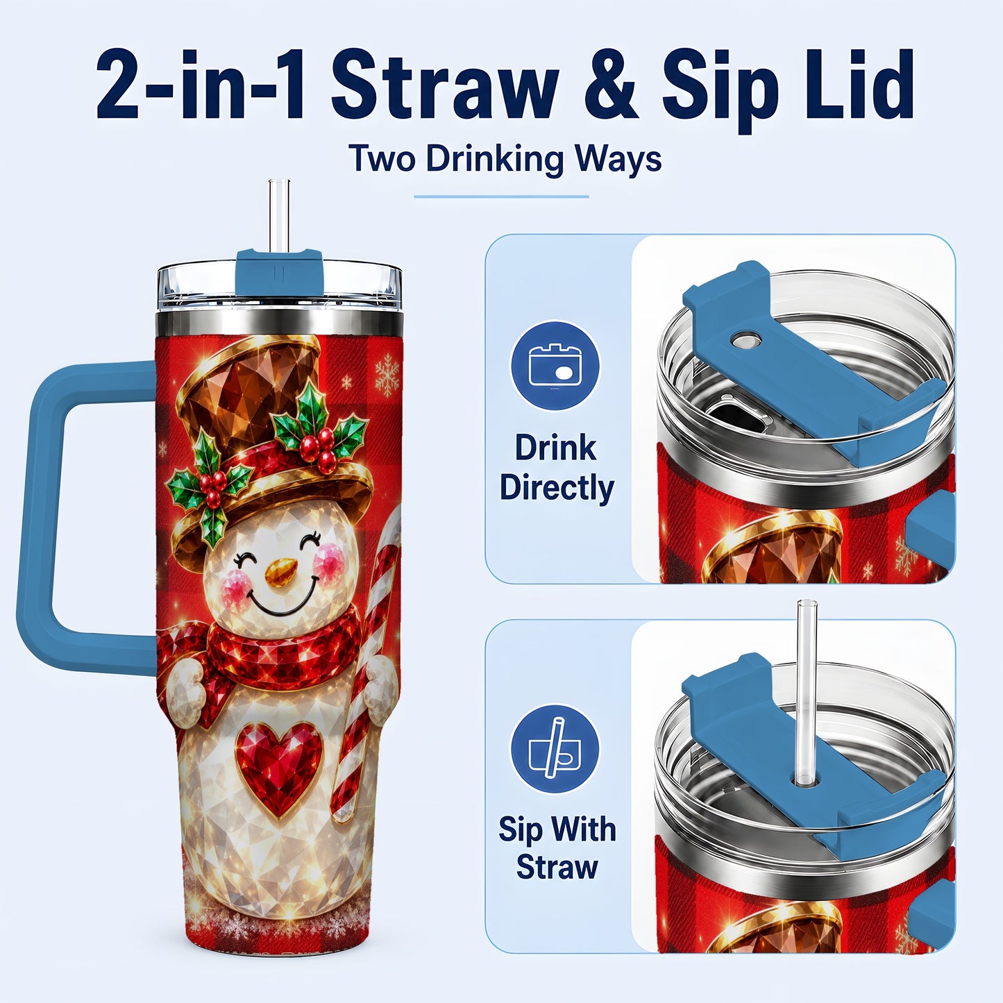 #pl[40oz|Blue] Gem Snowman Tumbler 40oz, Christmas Tumbler, Stainless Steel Travel Cup