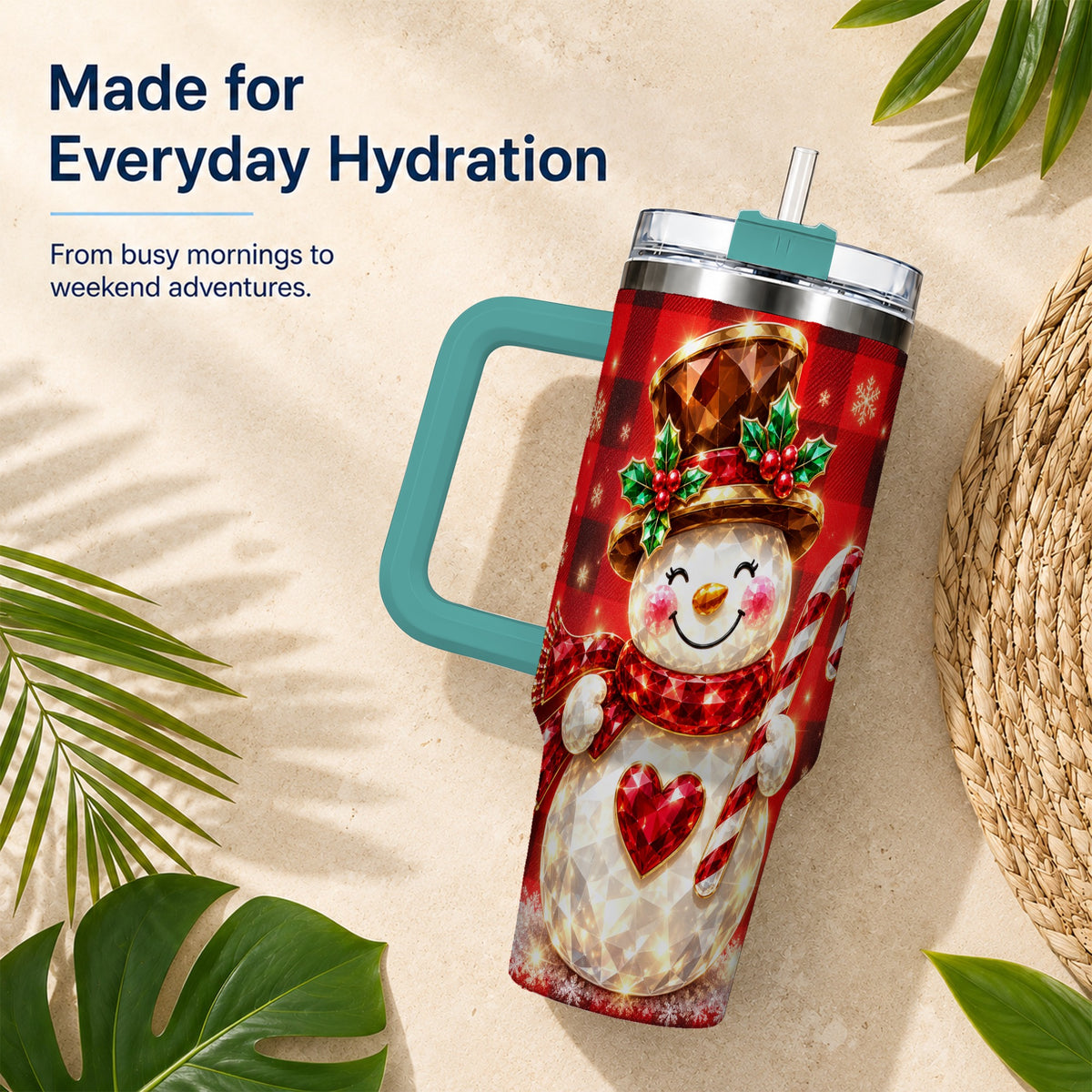 #pl[40oz|Green] Gem Snowman Tumbler 40oz, Christmas Tumbler, Stainless Steel Travel Cup