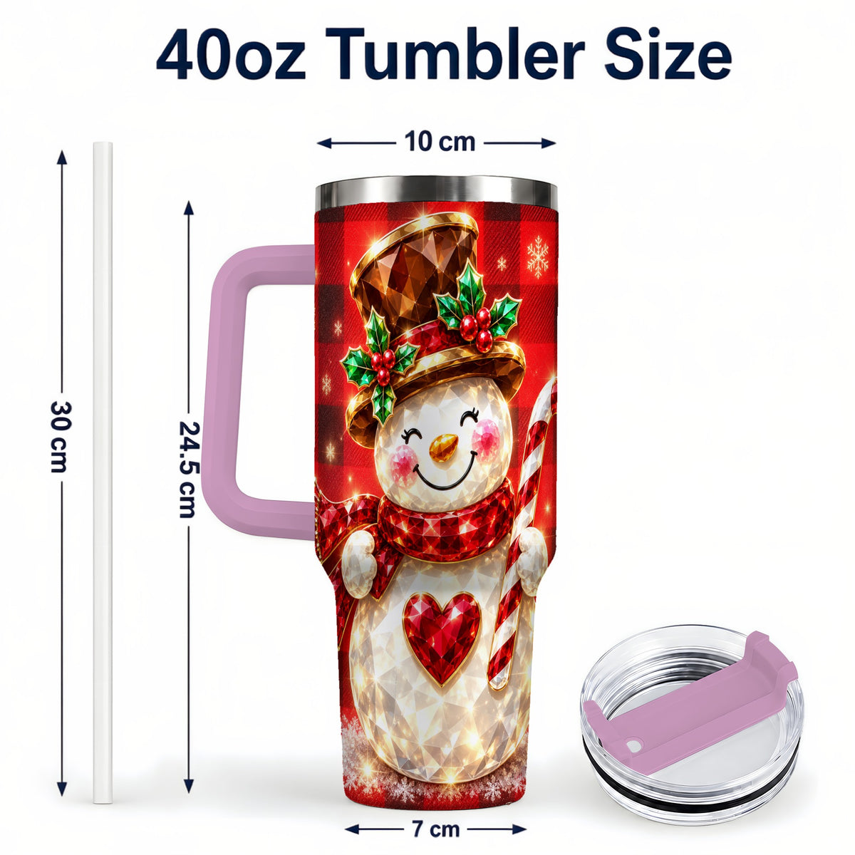 #pl[40oz|Pink] Gem Snowman Tumbler 40oz, Christmas Tumbler, Stainless Steel Travel Cup