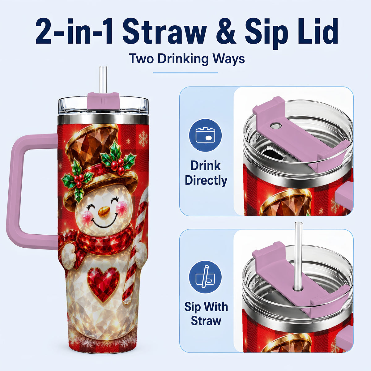 #pl[40oz|Pink] Gem Snowman Tumbler 40oz, Christmas Tumbler, Stainless Steel Travel Cup