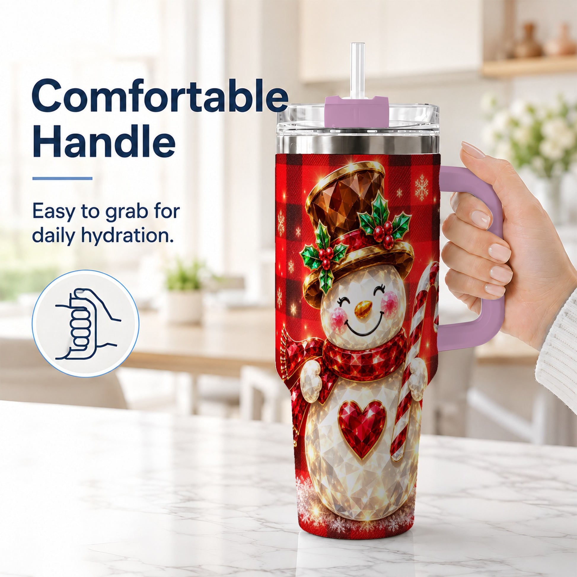#pl[40oz|Pink] Gem Snowman Tumbler 40oz, Christmas Tumbler, Stainless Steel Travel Cup