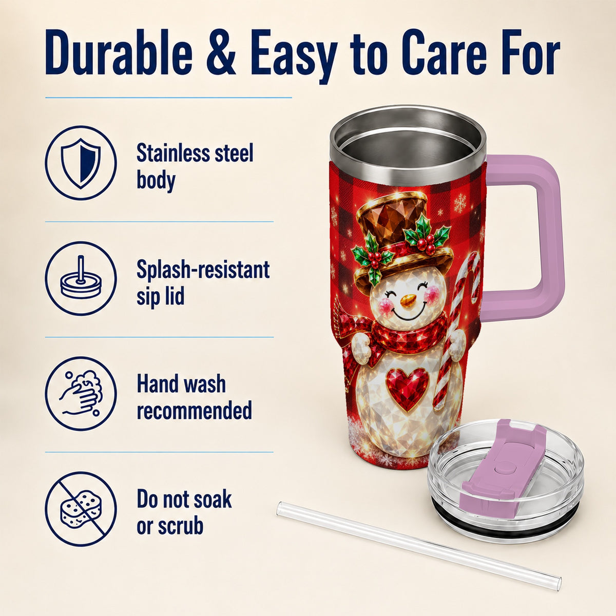 #pl[40oz|Pink] Gem Snowman Tumbler 40oz, Christmas Tumbler, Stainless Steel Travel Cup