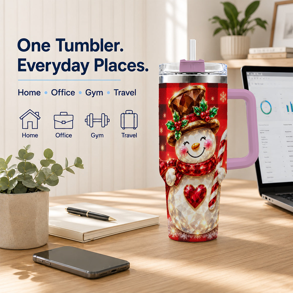 #pl[40oz|Pink] Gem Snowman Tumbler 40oz, Christmas Tumbler, Stainless Steel Travel Cup