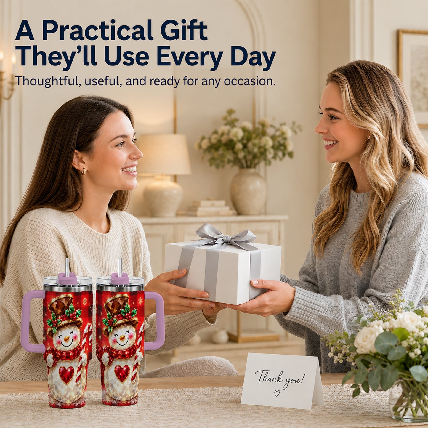 #pl[40oz|Pink] Gem Snowman Tumbler 40oz, Christmas Tumbler, Stainless Steel Travel Cup
