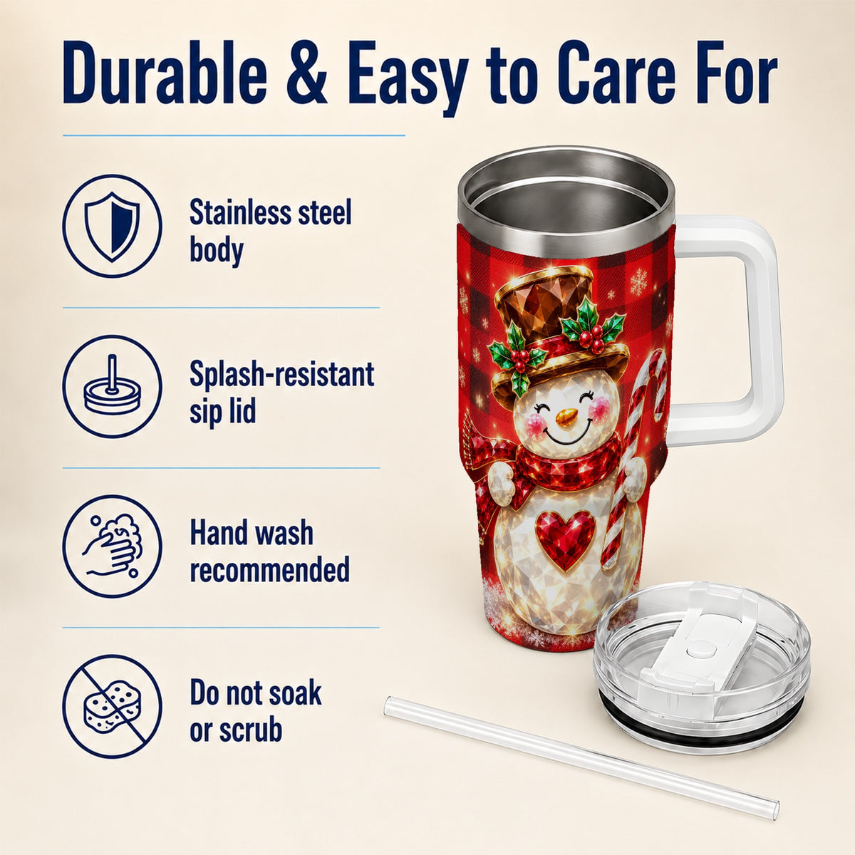 #pl[40oz|White] Gem Snowman Tumbler 40oz, Christmas Tumbler, Stainless Steel Travel Cup