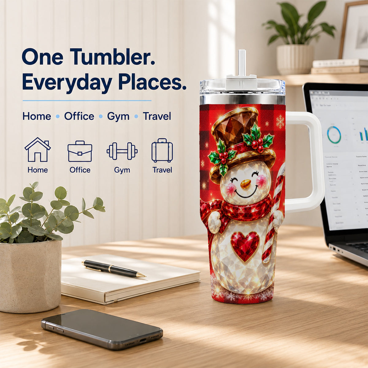 #pl[40oz|White] Gem Snowman Tumbler 40oz, Christmas Tumbler, Stainless Steel Travel Cup