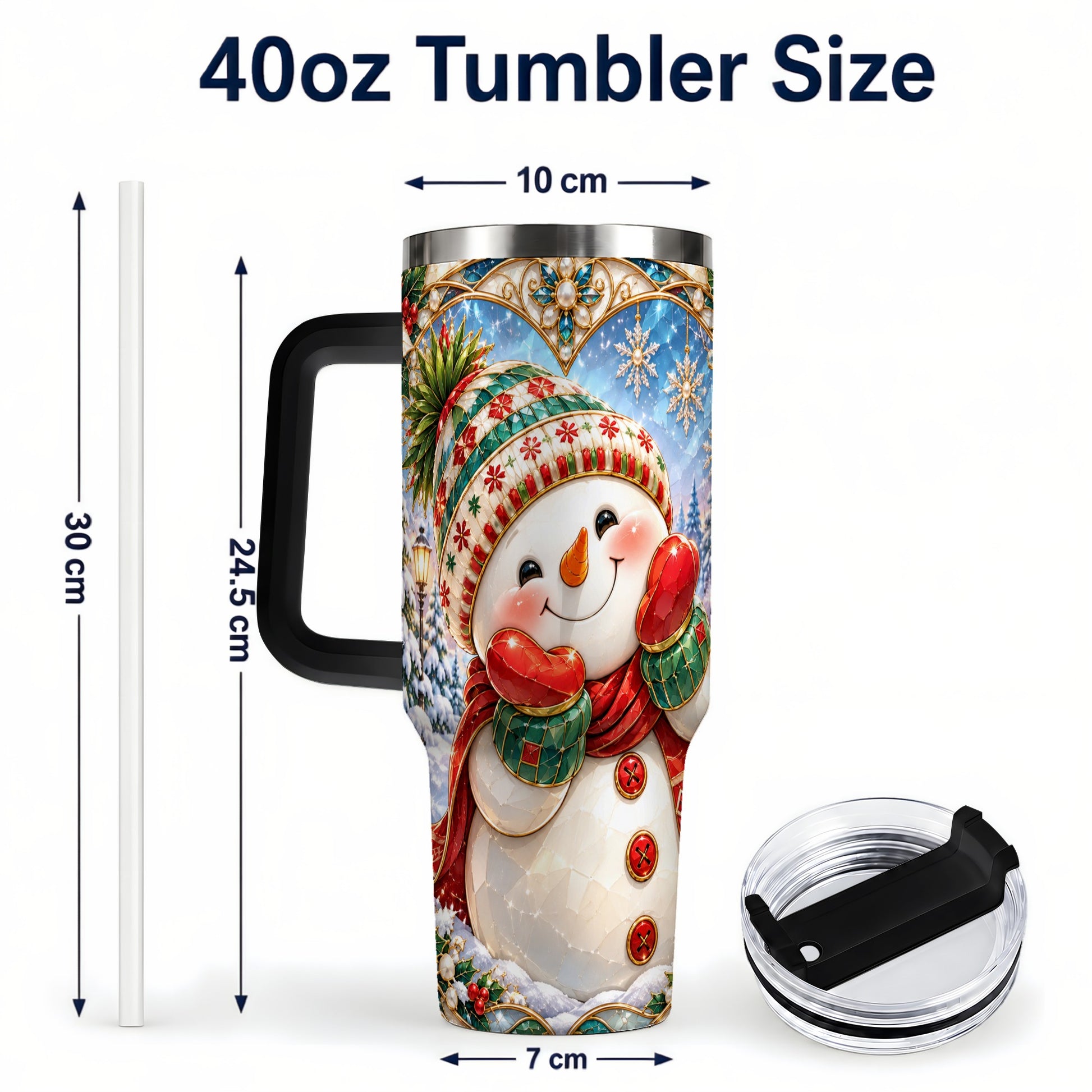 #pl[40oz|Black] Christmas Snowman 40oz Tumbler with Handle, Winter Stainless Steel Cup