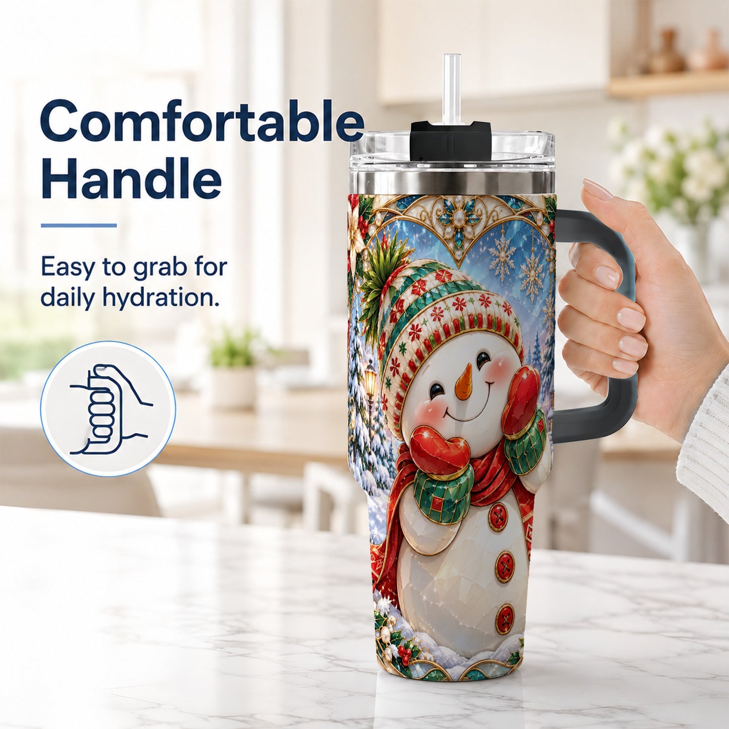 #pl[40oz|Black] Christmas Snowman 40oz Tumbler with Handle, Winter Stainless Steel Cup