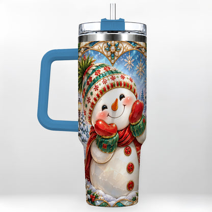 #pl[40oz|Blue] Christmas Snowman 40oz Tumbler with Handle, Winter Stainless Steel Cup