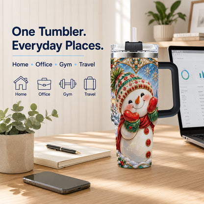#pl[40oz|Black] Christmas Snowman 40oz Tumbler with Handle, Winter Stainless Steel Cup