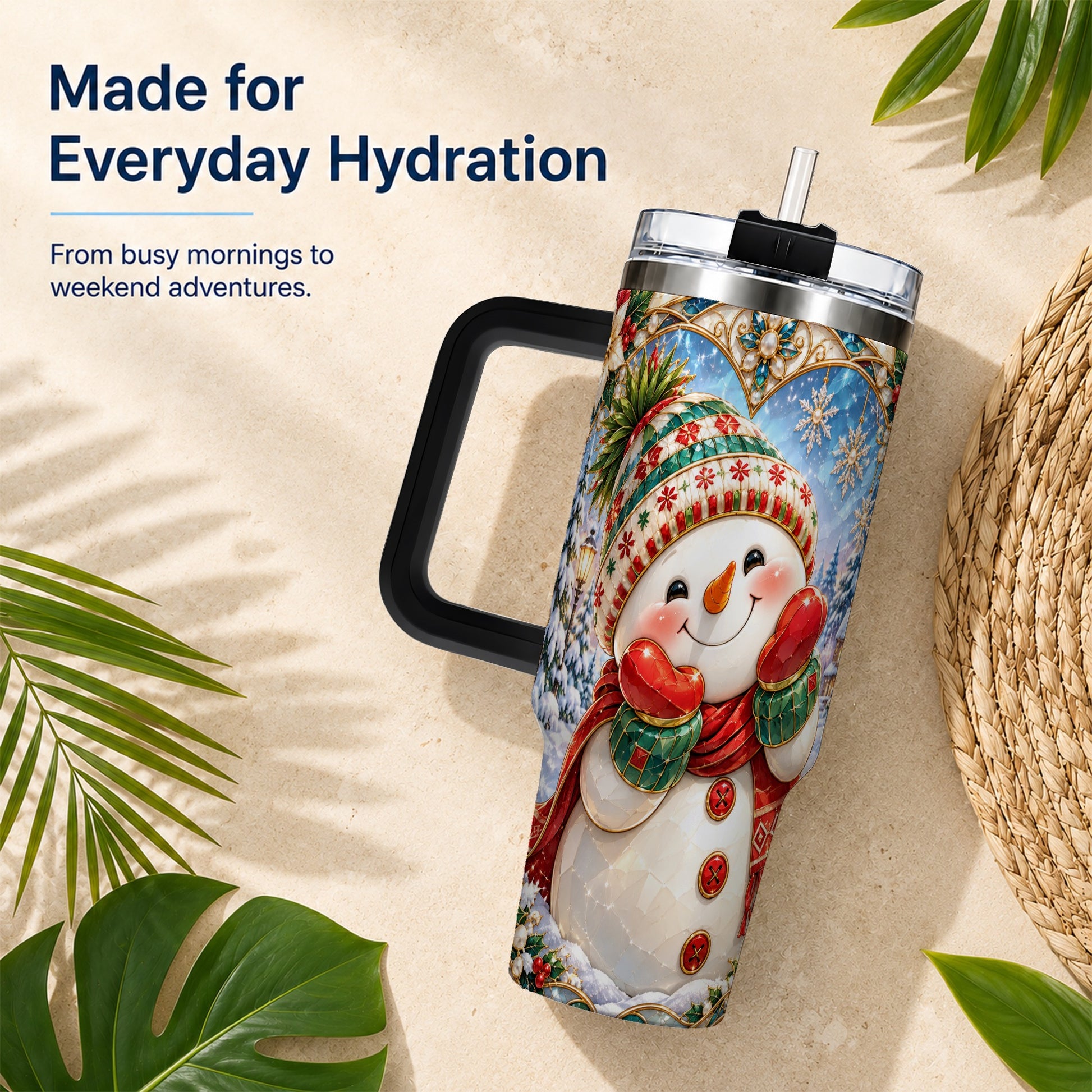 #pl[40oz|Black] Christmas Snowman 40oz Tumbler with Handle, Winter Stainless Steel Cup