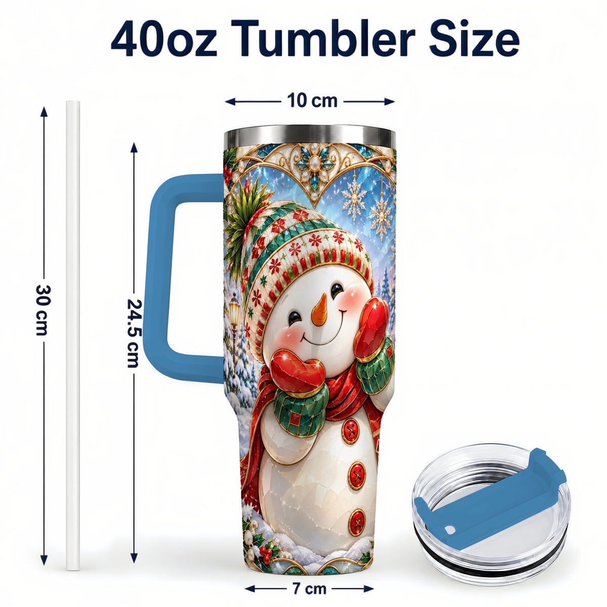 #pl[40oz|Blue] Christmas Snowman 40oz Tumbler with Handle, Winter Stainless Steel Cup