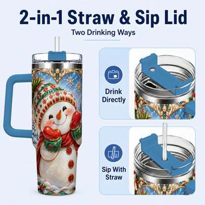 #pl[40oz|Blue] Christmas Snowman 40oz Tumbler with Handle, Winter Stainless Steel Cup