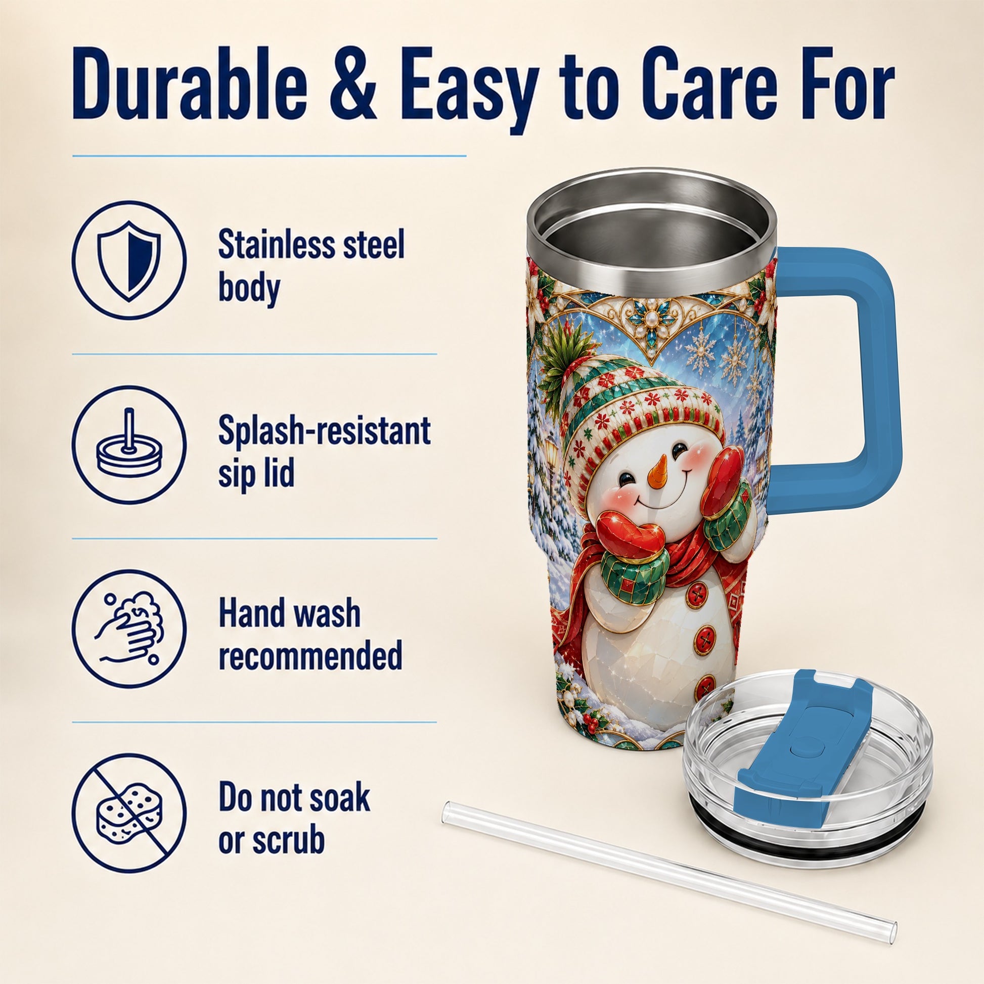 #pl[40oz|Blue] Christmas Snowman 40oz Tumbler with Handle, Winter Stainless Steel Cup