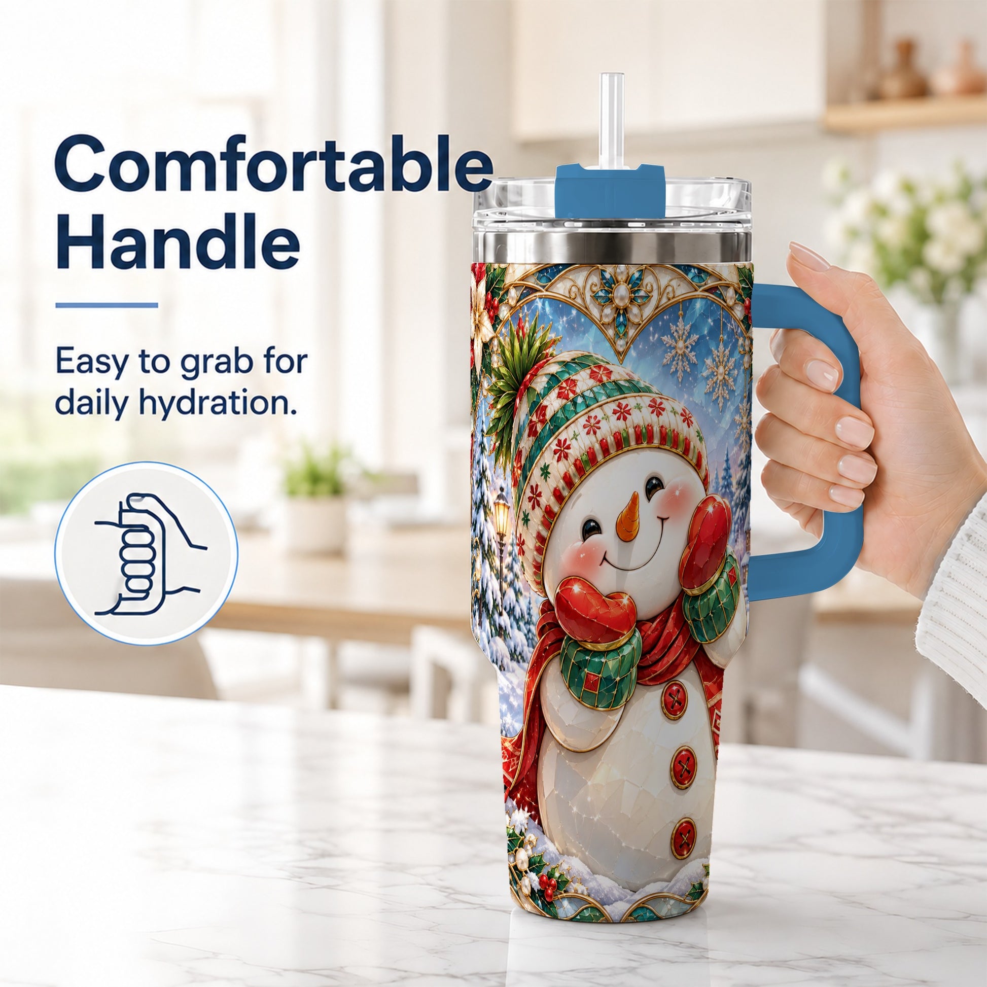 #pl[40oz|Blue] Christmas Snowman 40oz Tumbler with Handle, Winter Stainless Steel Cup