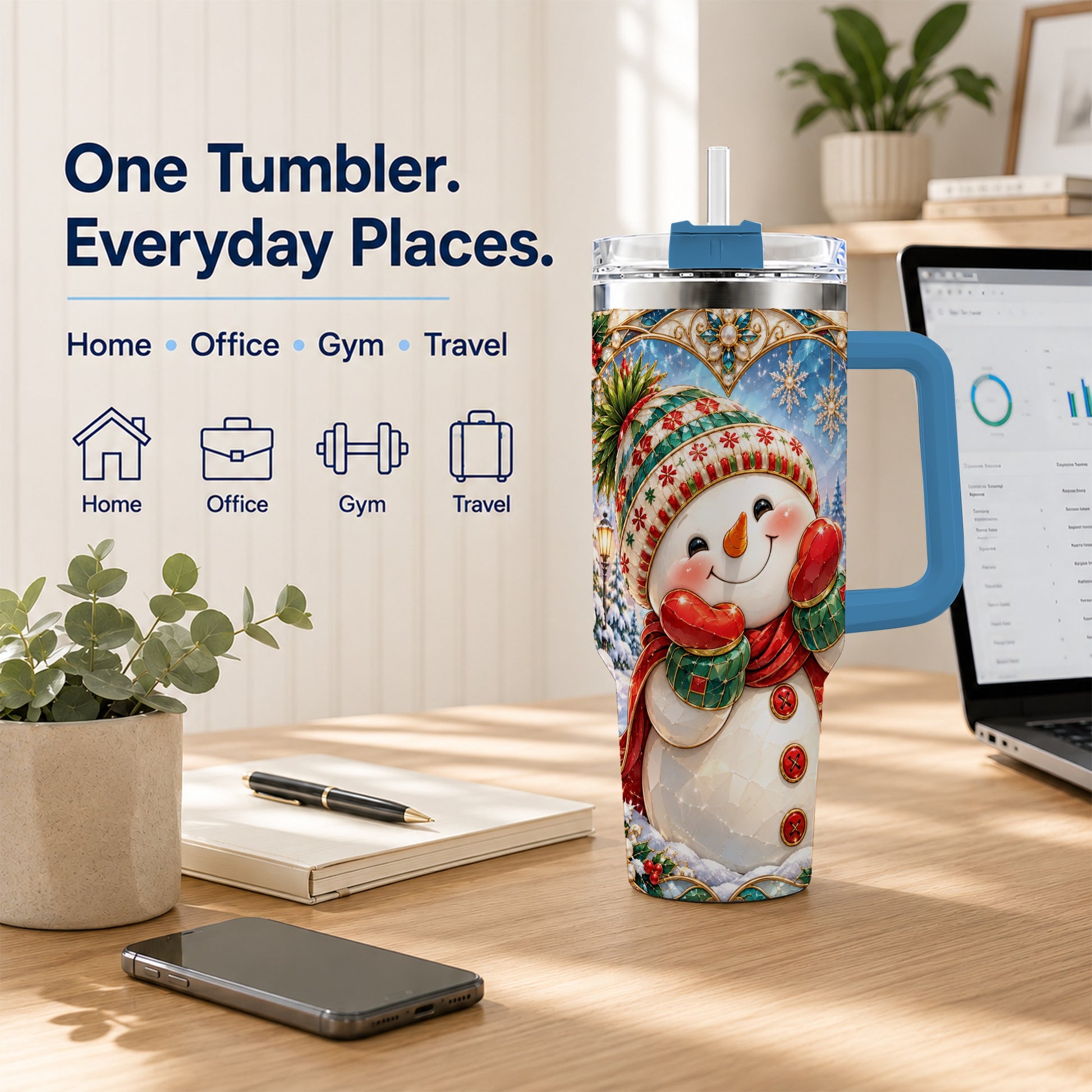 #pl[40oz|Blue] Christmas Snowman 40oz Tumbler with Handle, Winter Stainless Steel Cup