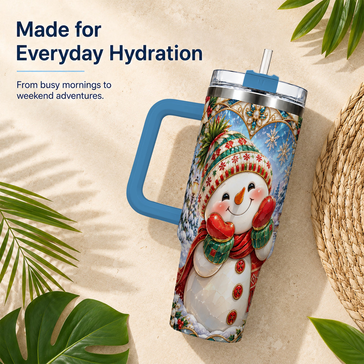 #pl[40oz|Blue] Christmas Snowman 40oz Tumbler with Handle, Winter Stainless Steel Cup
