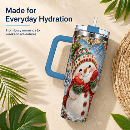 #pl[40oz|Blue] Christmas Snowman 40oz Tumbler with Handle, Winter Stainless Steel Cup