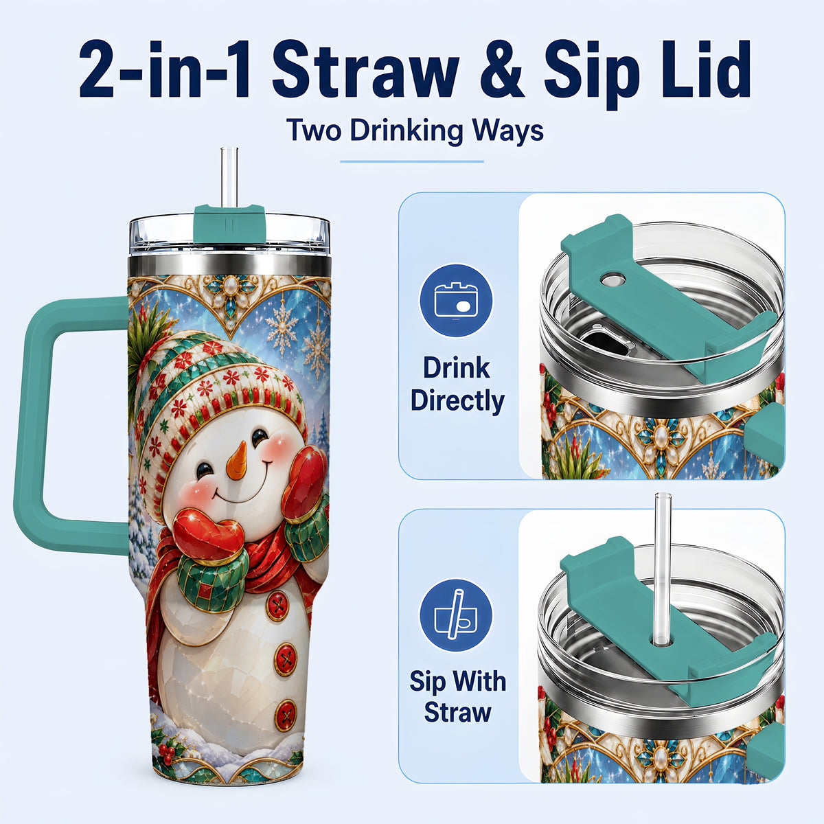 #pl[40oz|Green] Christmas Snowman 40oz Tumbler with Handle, Winter Stainless Steel Cup