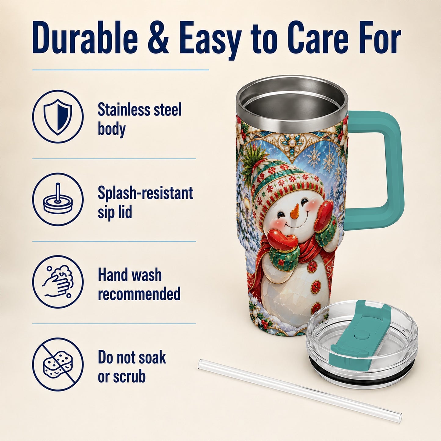 #pl[40oz|Green] Christmas Snowman 40oz Tumbler with Handle, Winter Stainless Steel Cup