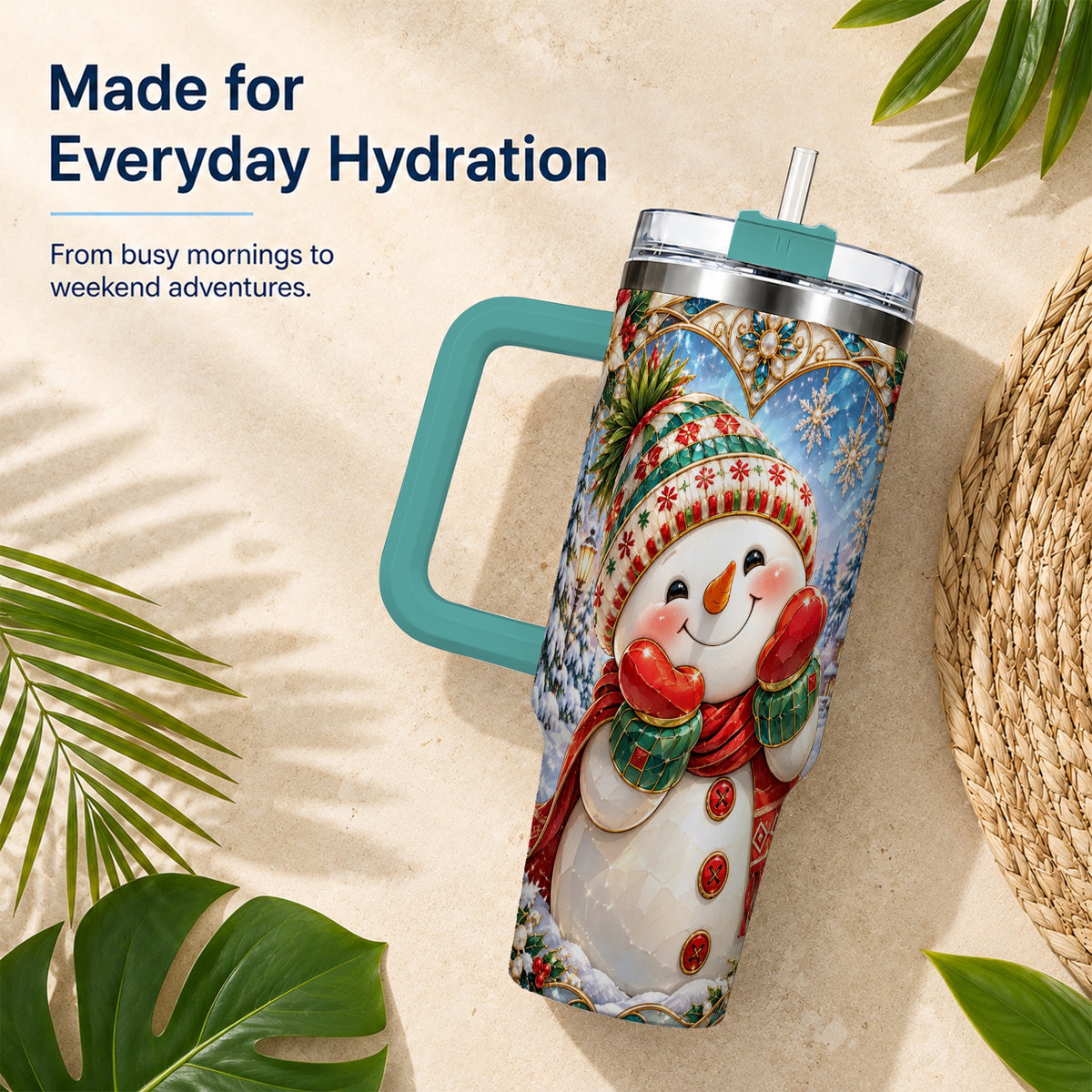 #pl[40oz|Green] Christmas Snowman 40oz Tumbler with Handle, Winter Stainless Steel Cup