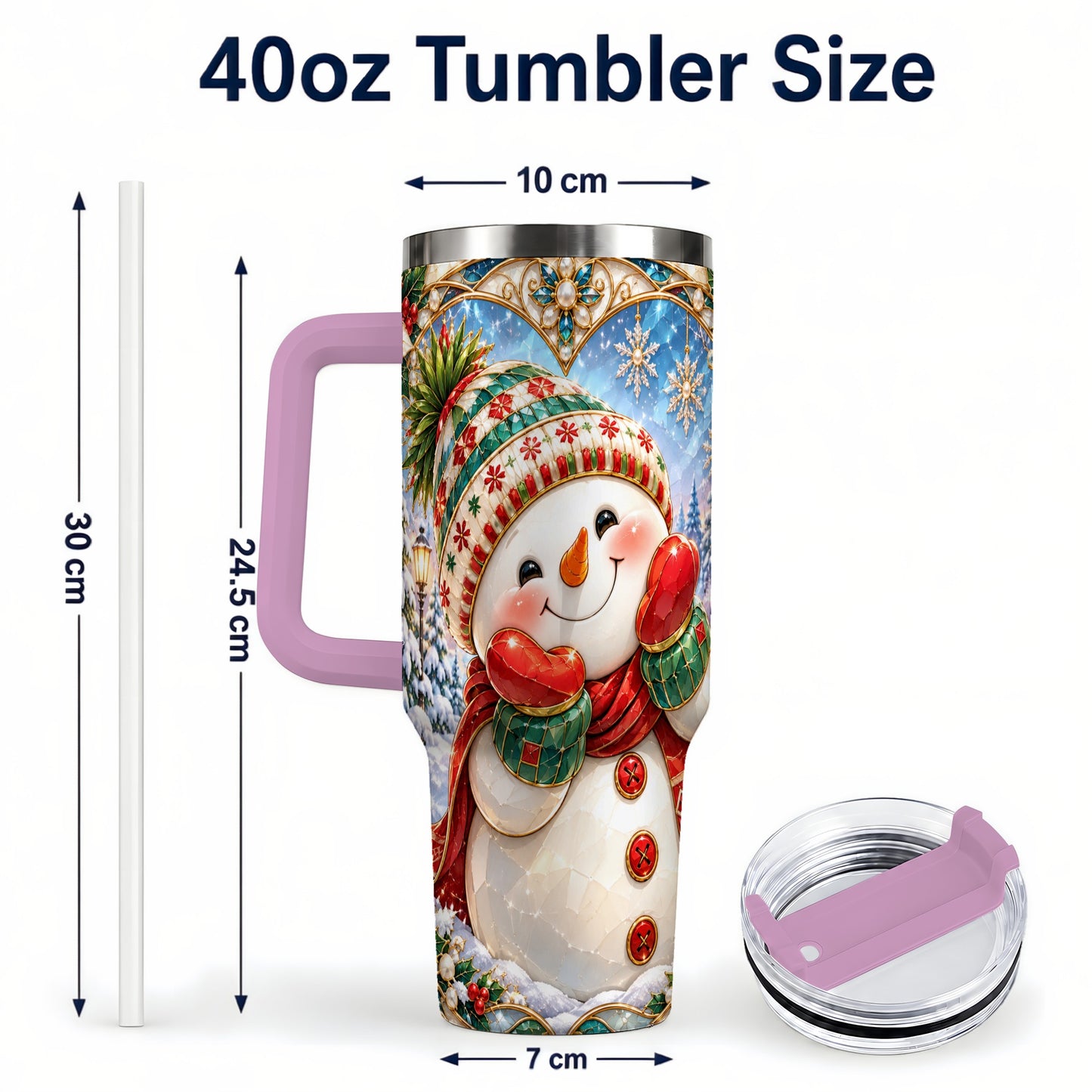 #pl[40oz|Pink] Christmas Snowman 40oz Tumbler with Handle, Winter Stainless Steel Cup