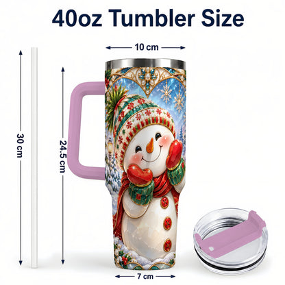 #pl[40oz|Pink] Christmas Snowman 40oz Tumbler with Handle, Winter Stainless Steel Cup