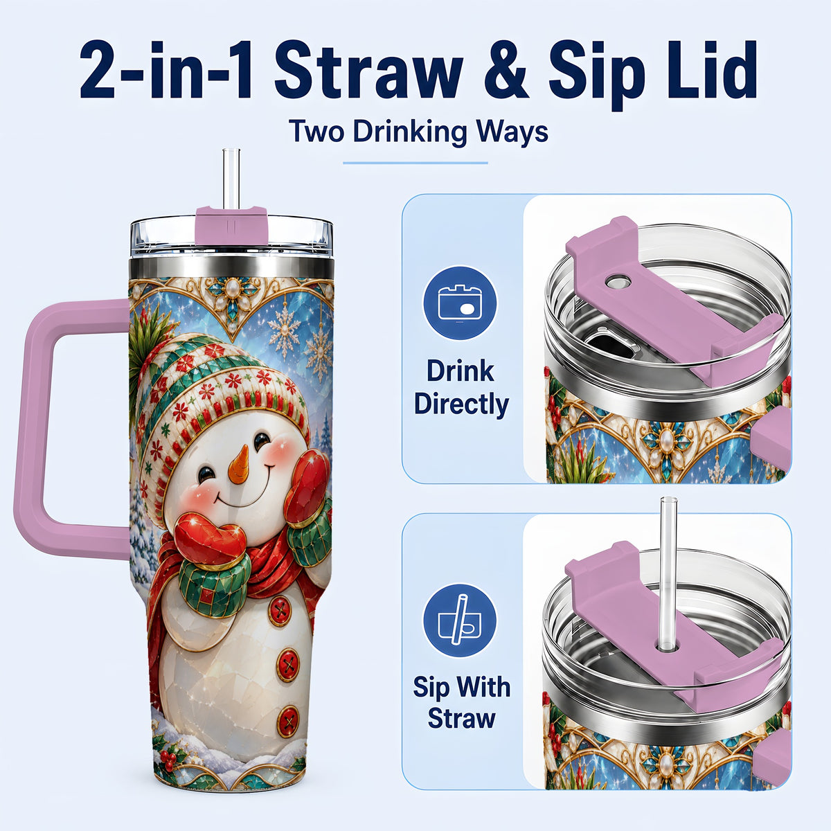 #pl[40oz|Pink] Christmas Snowman 40oz Tumbler with Handle, Winter Stainless Steel Cup