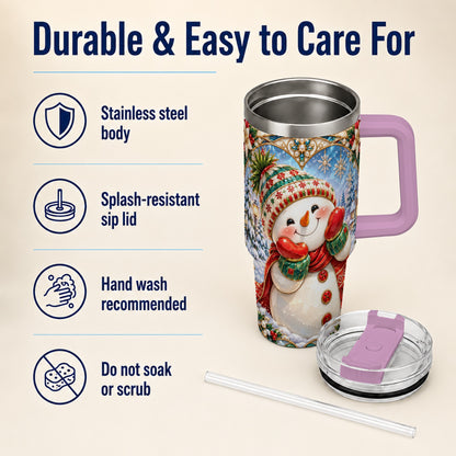 #pl[40oz|Pink] Christmas Snowman 40oz Tumbler with Handle, Winter Stainless Steel Cup
