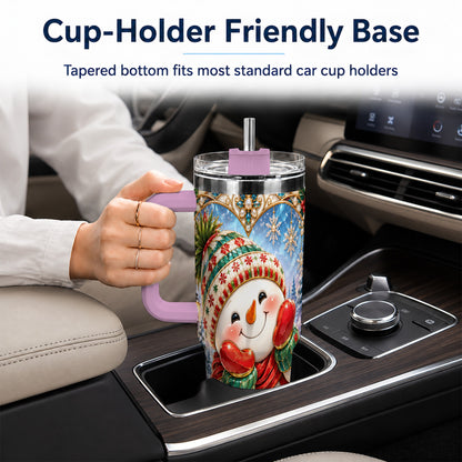 #pl[40oz|Pink] Christmas Snowman 40oz Tumbler with Handle, Winter Stainless Steel Cup