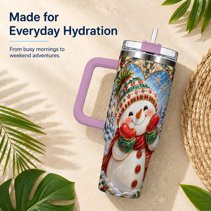 #pl[40oz|Pink] Christmas Snowman 40oz Tumbler with Handle, Winter Stainless Steel Cup