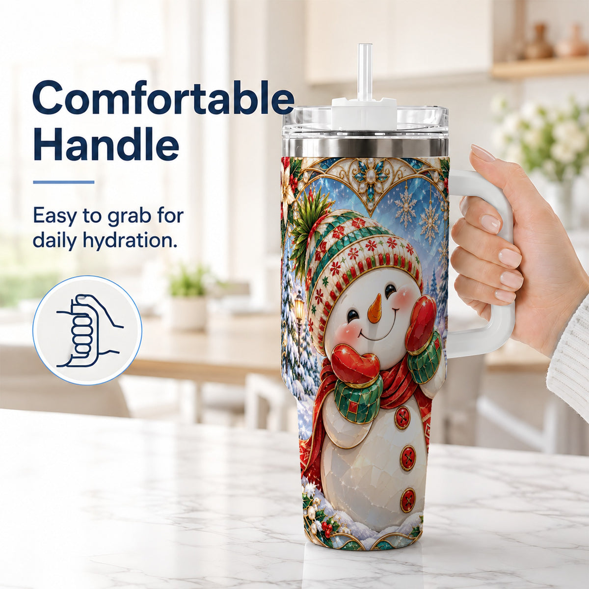 #pl[40oz|White] Christmas Snowman 40oz Tumbler with Handle, Winter Stainless Steel Cup
