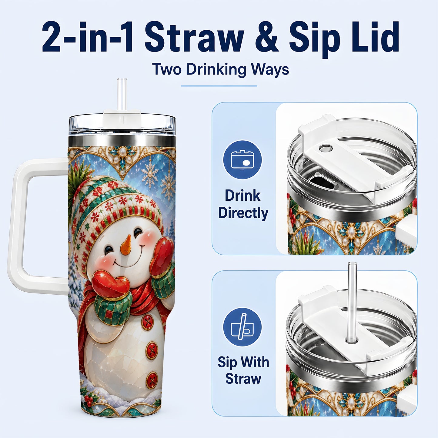 #pl[40oz|White] Christmas Snowman 40oz Tumbler with Handle, Winter Stainless Steel Cup