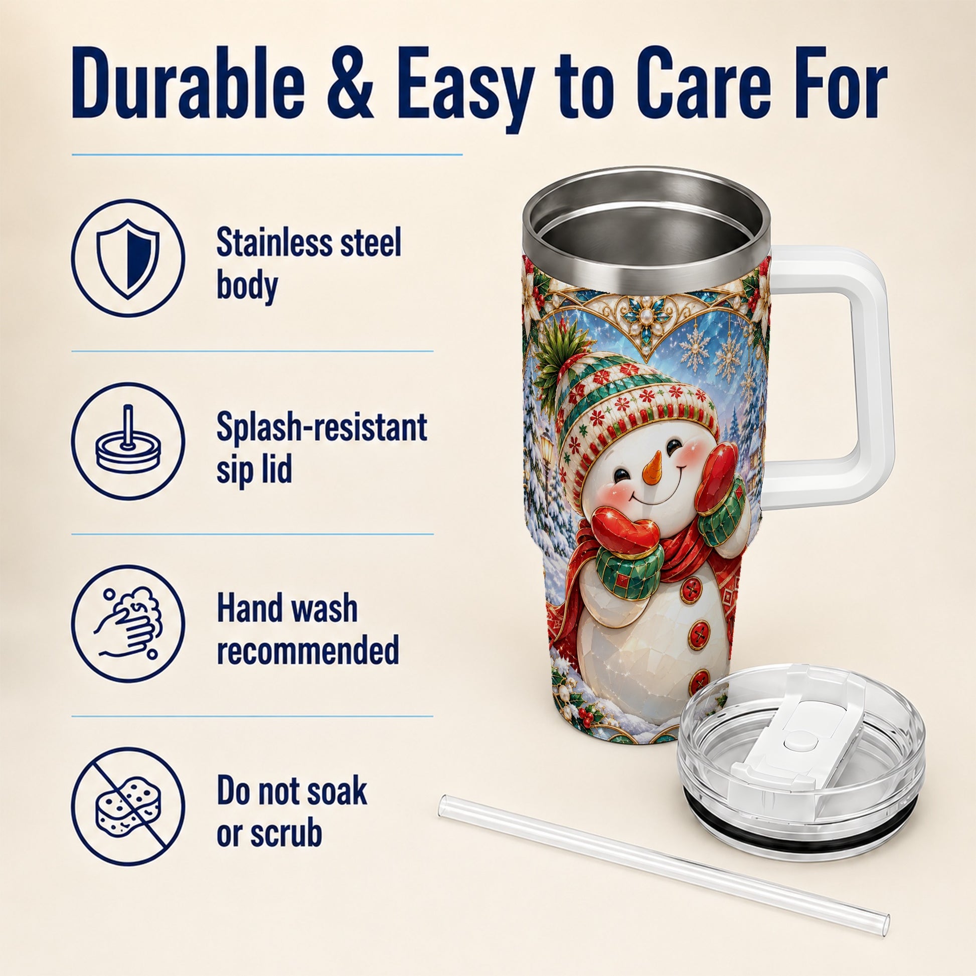 #pl[40oz|White] Christmas Snowman 40oz Tumbler with Handle, Winter Stainless Steel Cup